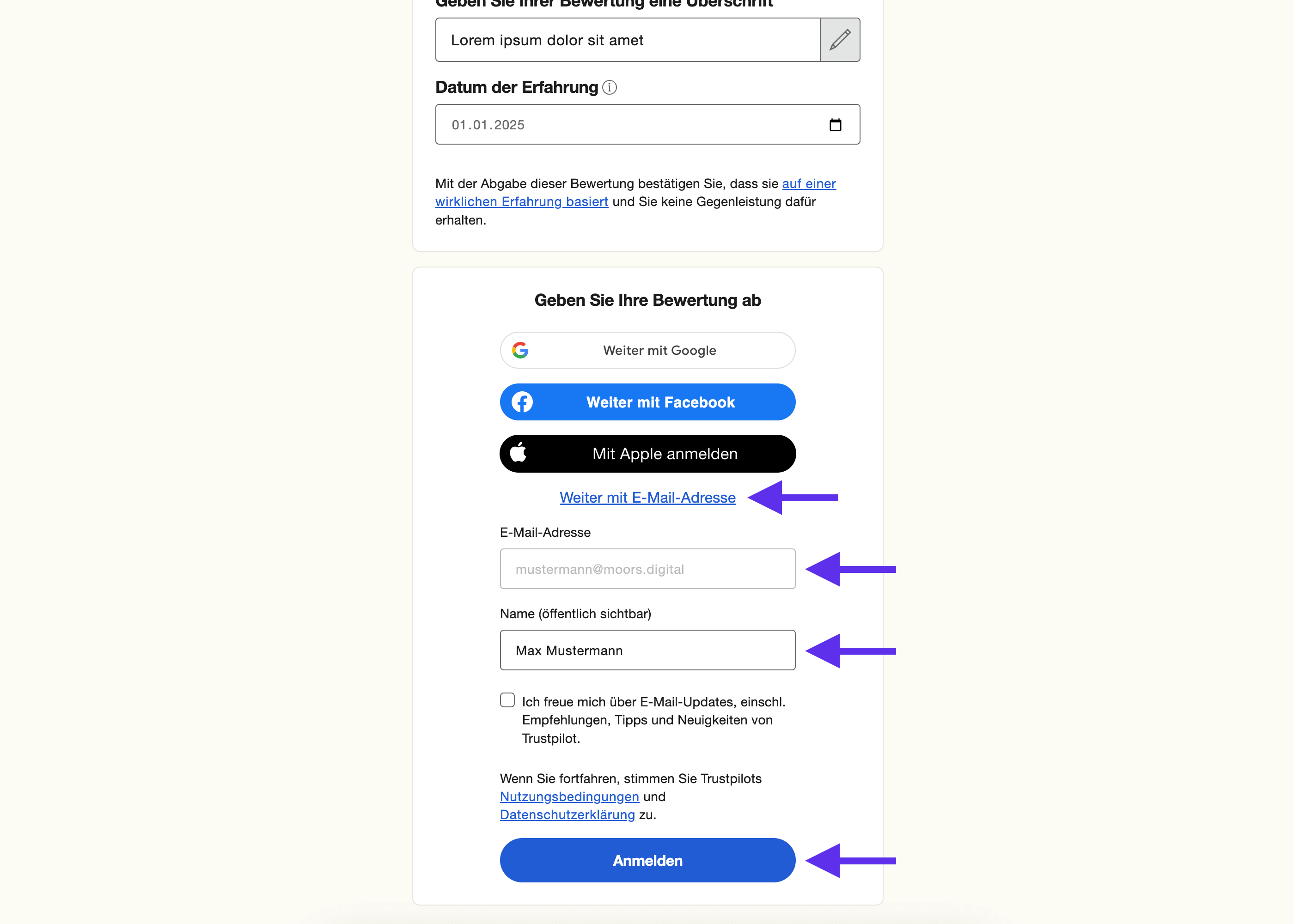 Mit E-Mail Adresse anmelden