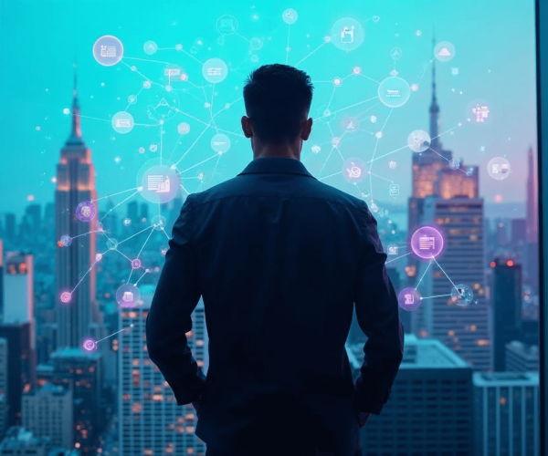 Mann schaut auf ein Hologram vor einem Fenster.